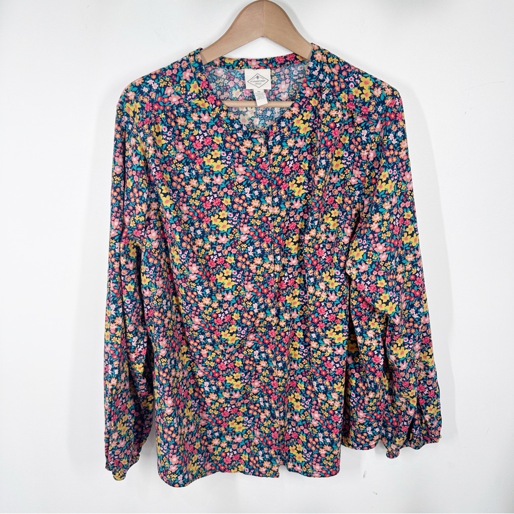 St John’s Bay Floral Button Down Blouse Plus Size 2X Long Sleeve Top Navy